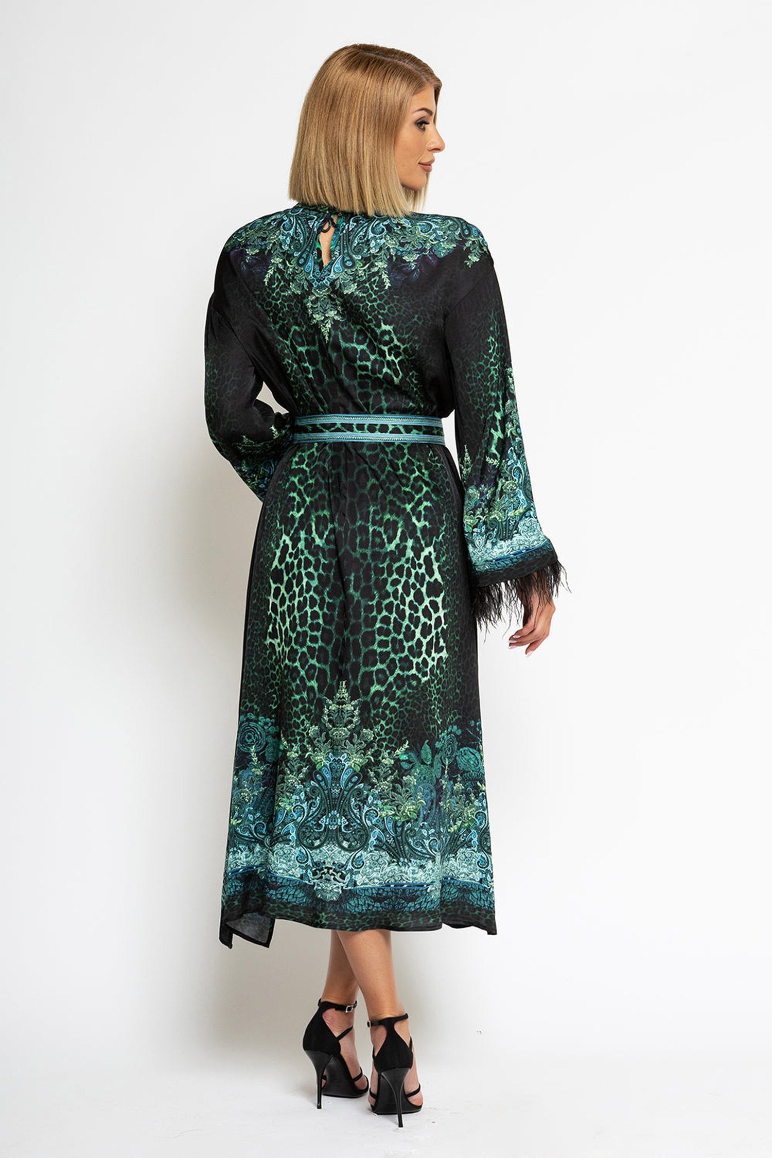 VISCOSE CAFTAN WITH FEATHERS - LEO NEON GREEN