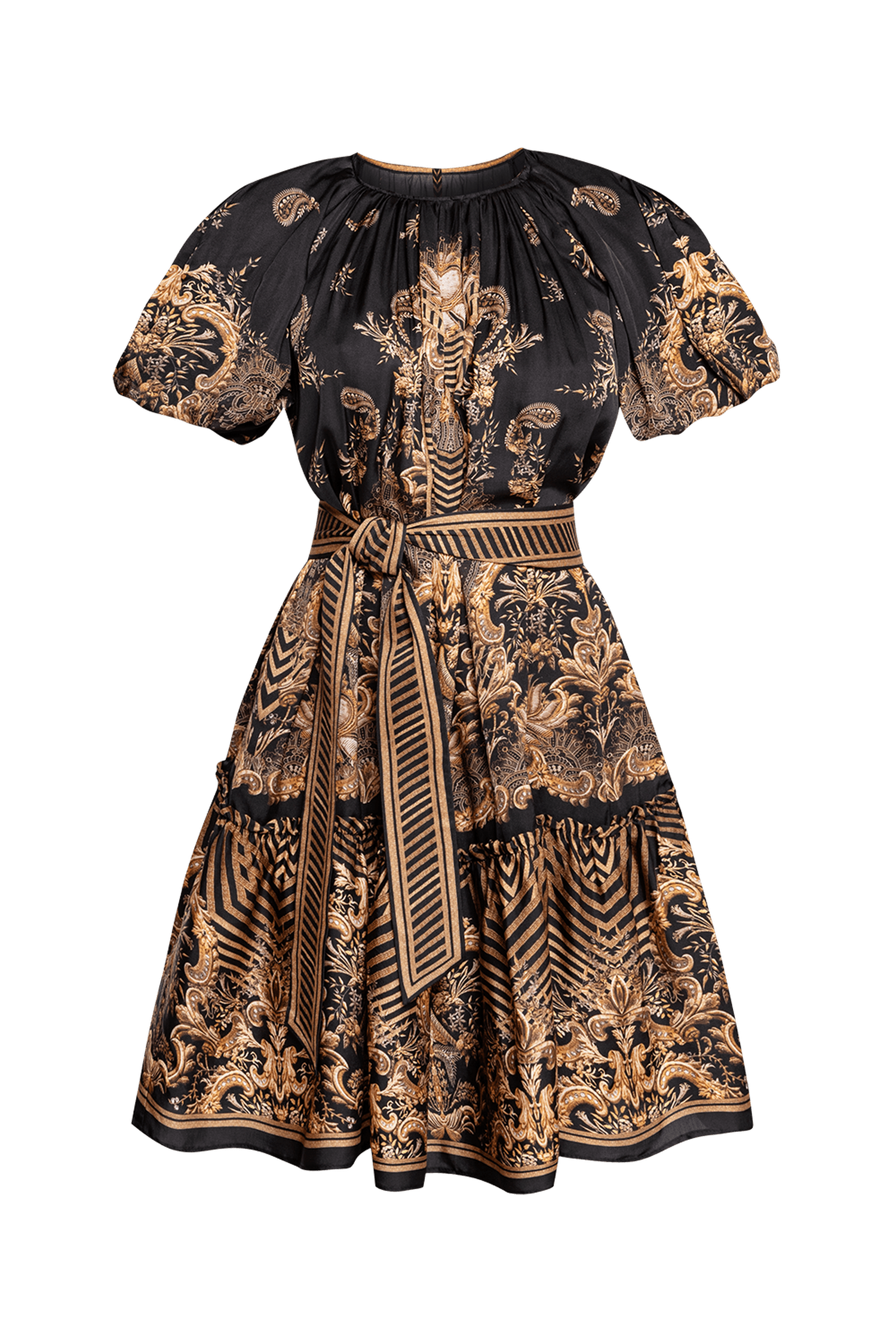 VISCOSE SATIN DRESS WITH PUFF SLEEVES - GOLDEN STRIPES JIORO РОКЛЯ С БУФАН РЪКАВ ОТ ВИСКОЗА - GOLDEN STRIPES JIORO