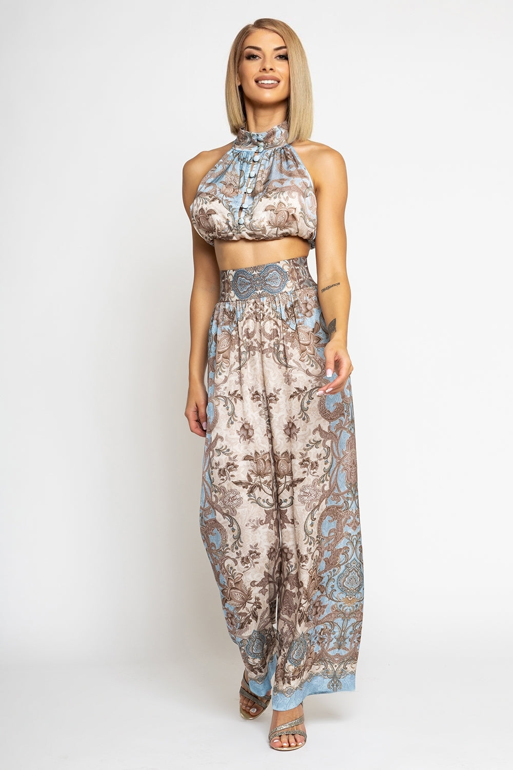 VISCOSE SATIN CROP TOP - PAISLEY SKY
