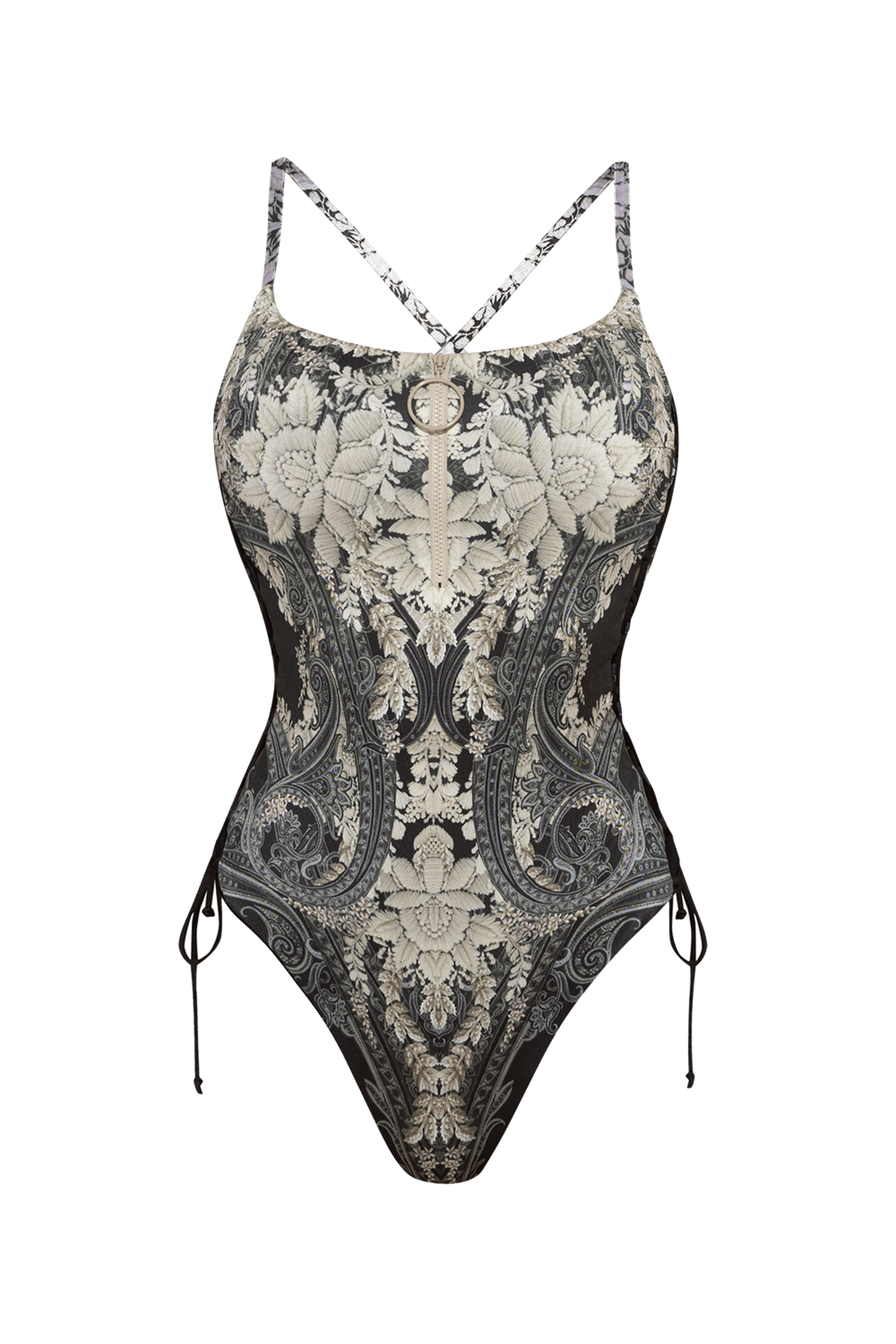 ONE-PIECE SWIMSUIT WITH ZIP AND SIDE TIES – FROZEN LOTUS