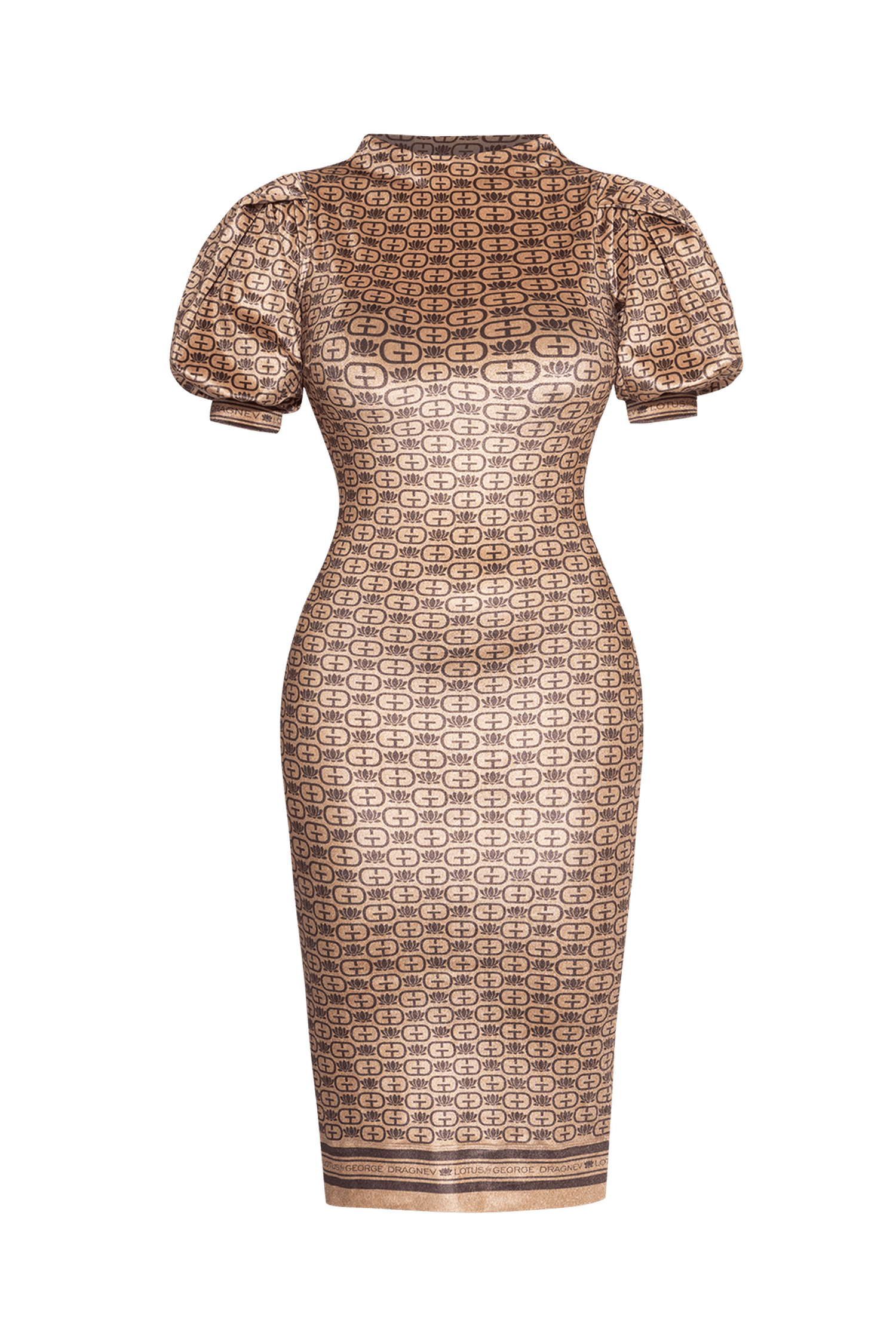 FITTED DRESS MADE OF SMOOTH VELVET - DARK BROWN LOGO JIORO ВТАЛЕНА РОКЛЯ ОТ КАДИФЕ С ВИСОКА ЯКА - DARK BROWN LOGO JIORO