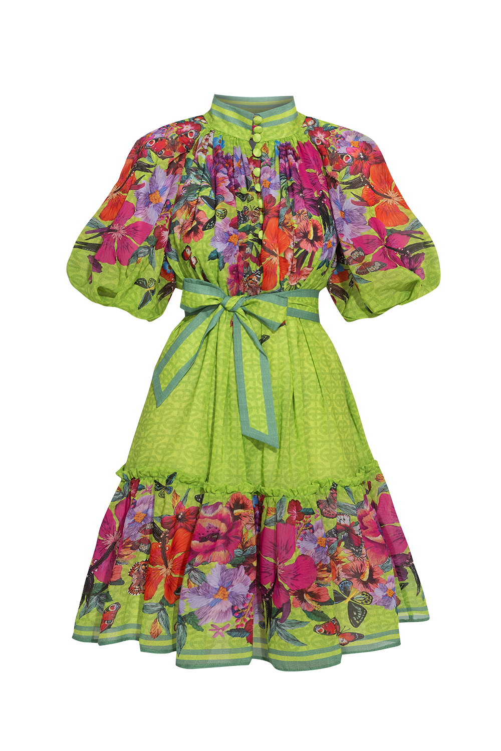 CHIFFON DRESS WITH PUFF SLEEVE - ACID GREEN LOGO JIORO ШИФОНЕНА РОКЛЯ С ОБЕМЕН РЪКАВ - ACID GREEN LOGO JIORO