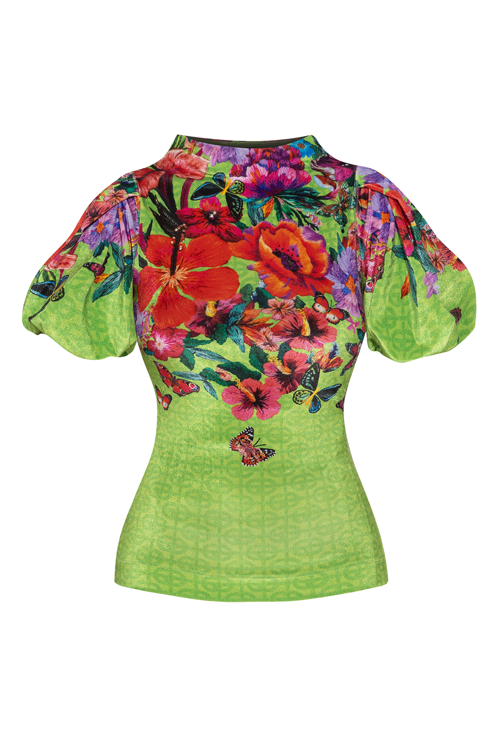 VELVET BLOUSE WITH HIGH NECK AND PUFF SLEEVES - ACID GREEN LOGO JIORO БЛУЗА ОТ ПЛЮШ С ВИСОКА ЯКА И БУФАН РЪКАВИ - ACID GREEN LOGO JIORO