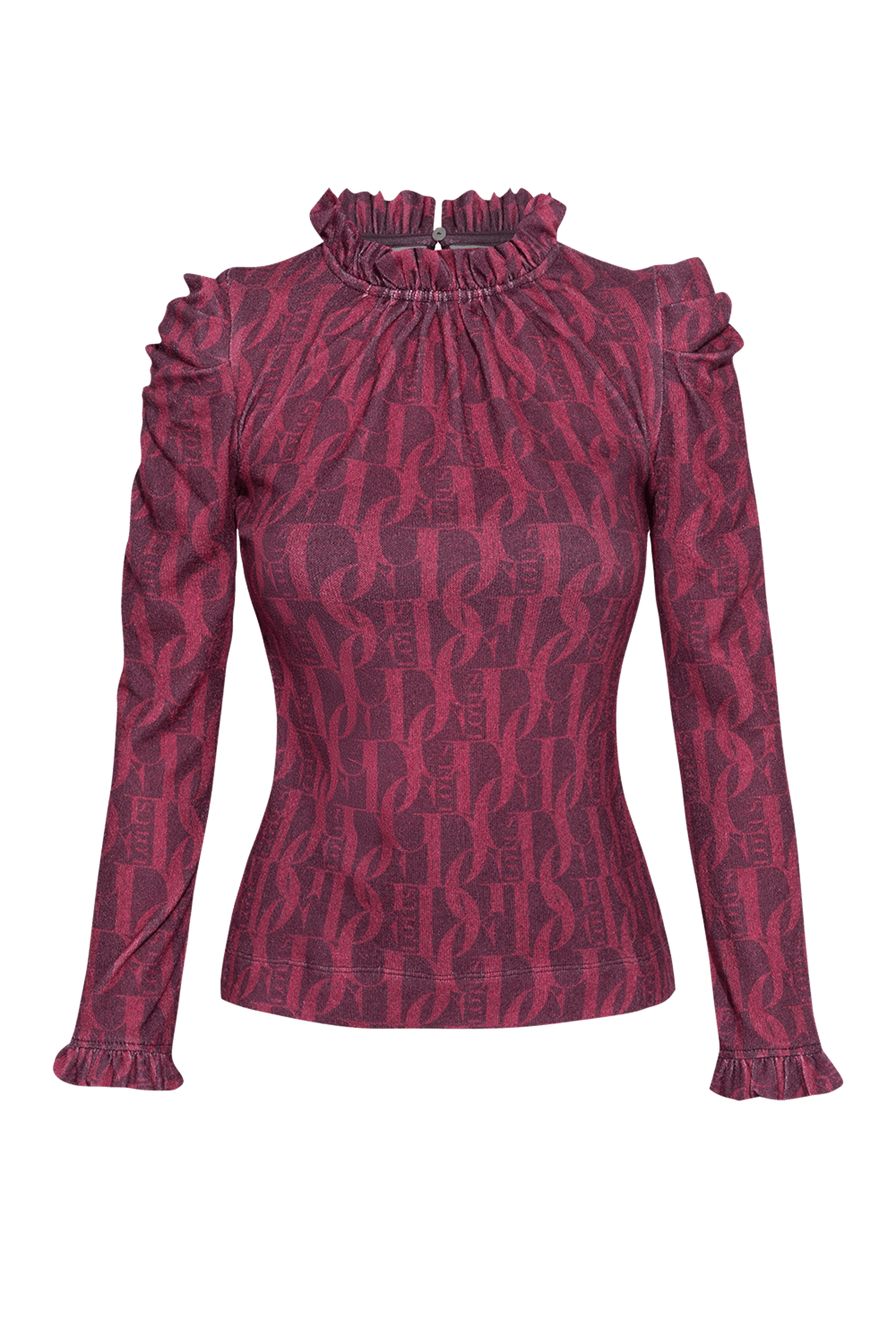 BLOUSE WITH GATHERED NECKLINE AND LOGO PRINT - BURGUNDY LOGO JIORO БЛУЗА ОТ ФИНО ПЛЕТИВО - BURGUNDY LOGO JIORO