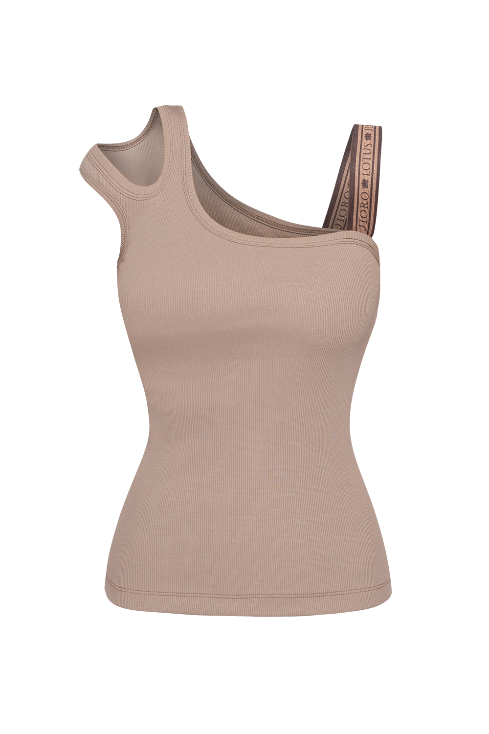 ASYMMETRICAL RIBBED TANK TOP IN BEIGE WITH ELASTIC STRAP - MOCHA MOUSSE LOGO