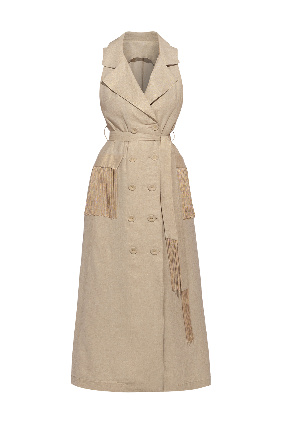 LINEN SLEEVELESS TRENCH MIDI DRESS WITH FRINGES - ESSENTIALS