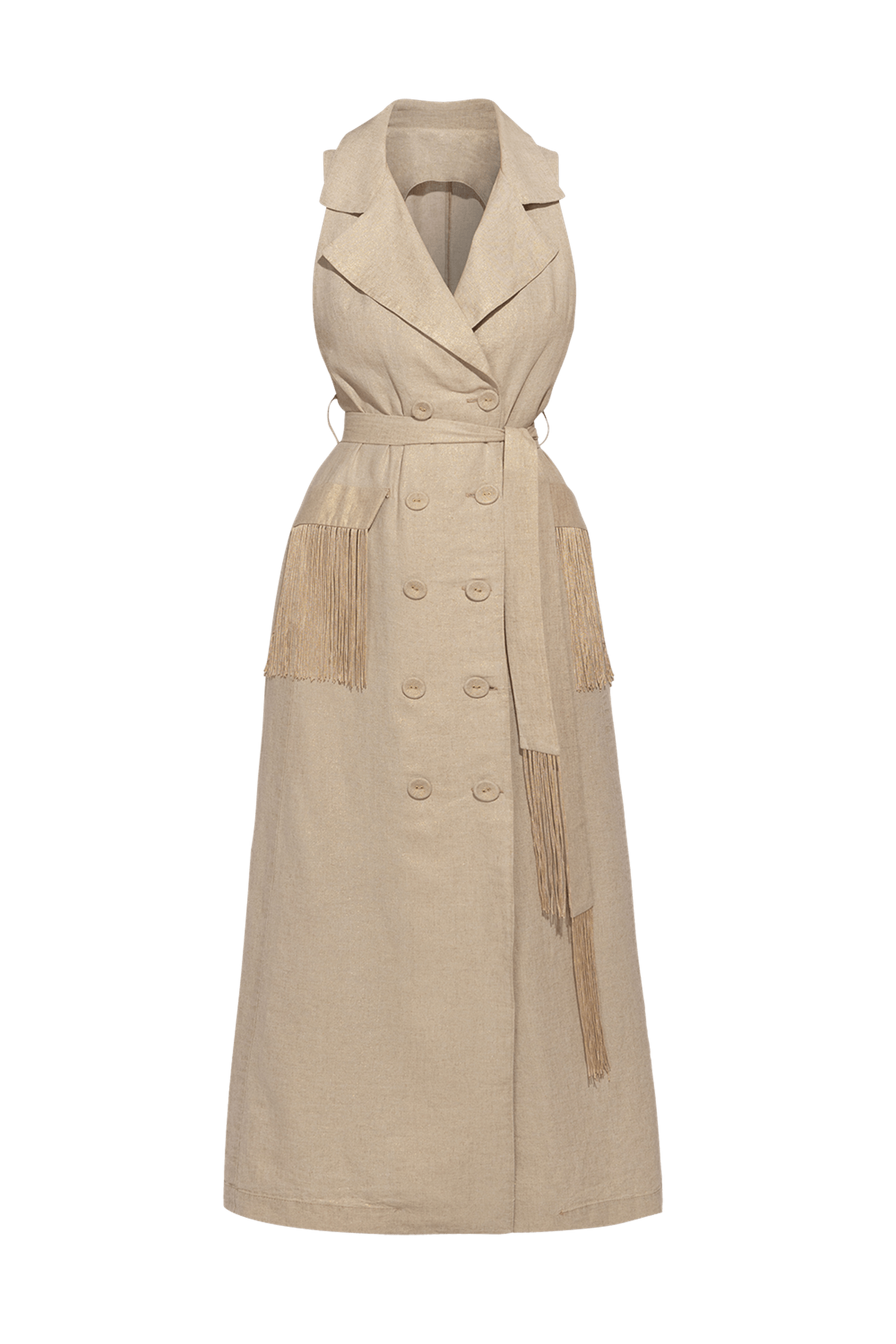 LINEN SLEEVELESS TRENCH MIDI DRESS WITH FRINGES - ESSENTIALS JIORO ДЪЛГА РОКЛЯ ОТ ЗЛАТИСТ ЛЕН С РЕСНИ - ESSENTIALS JIORO