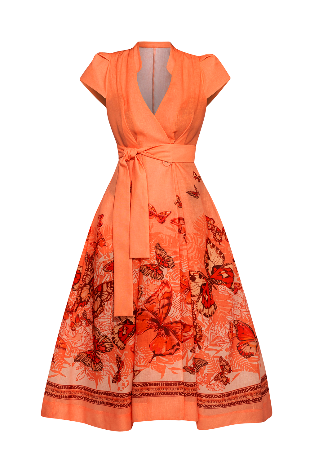 LONG FLARED LINEN DRESS - PAPAYA BUTTERFLIES