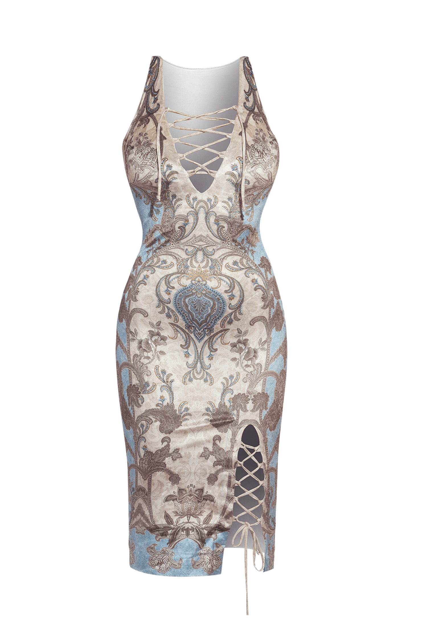 ROBE EN VELOURS CÔTELÉ AJUSTÉE AVEC ENCOLURE EN V - PAISLEY SKY