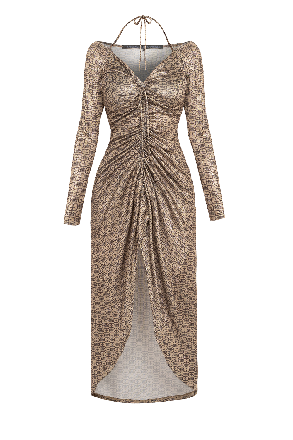 ASYMMETRIC LUREX DRESS WITH KNOT DETAIL AND FRONT DRAWSTRING - DARK BROWN LOGO