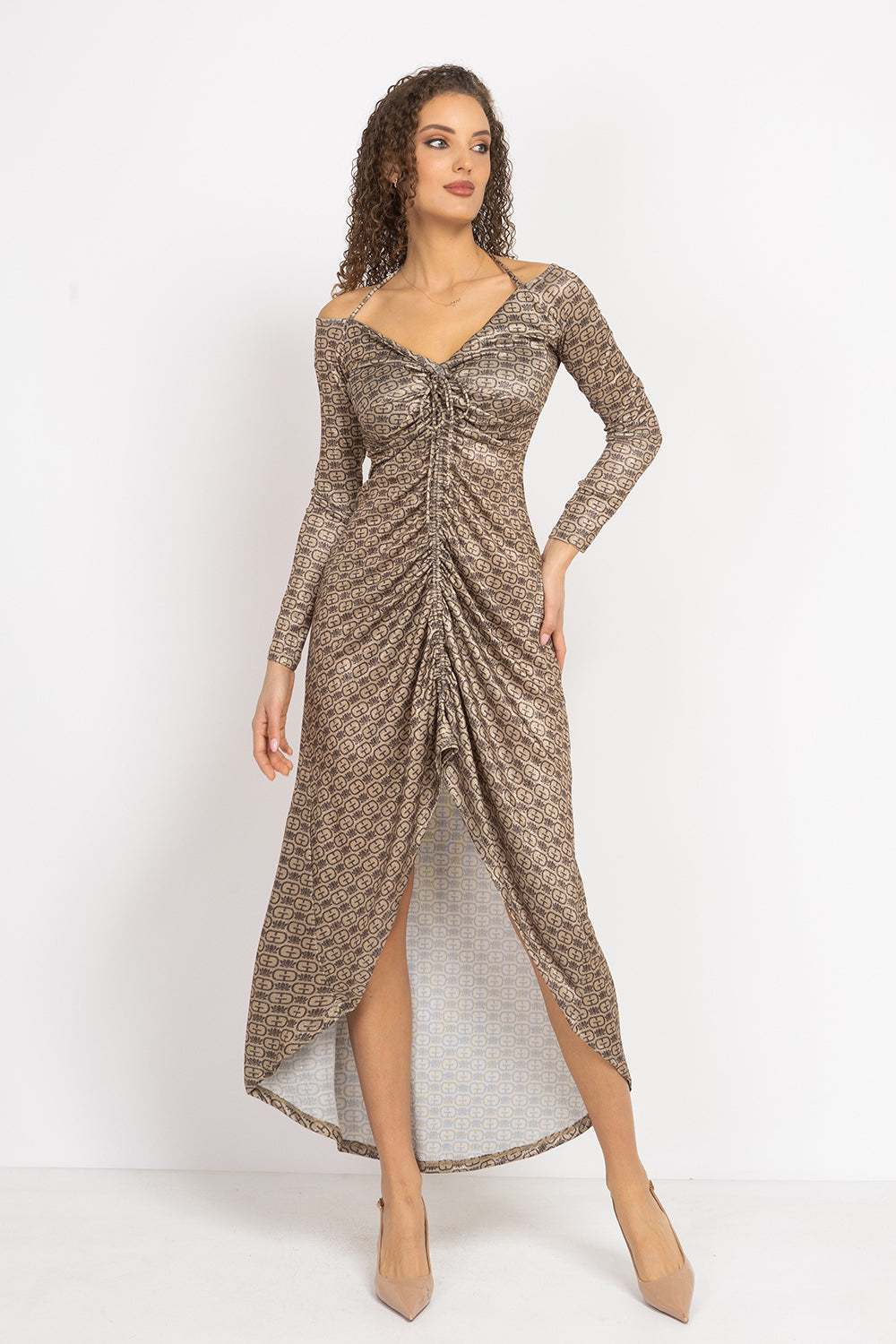 ASYMMETRIC LUREX DRESS WITH KNOT DETAIL AND FRONT DRAWSTRING - DARK BROWN LOGO