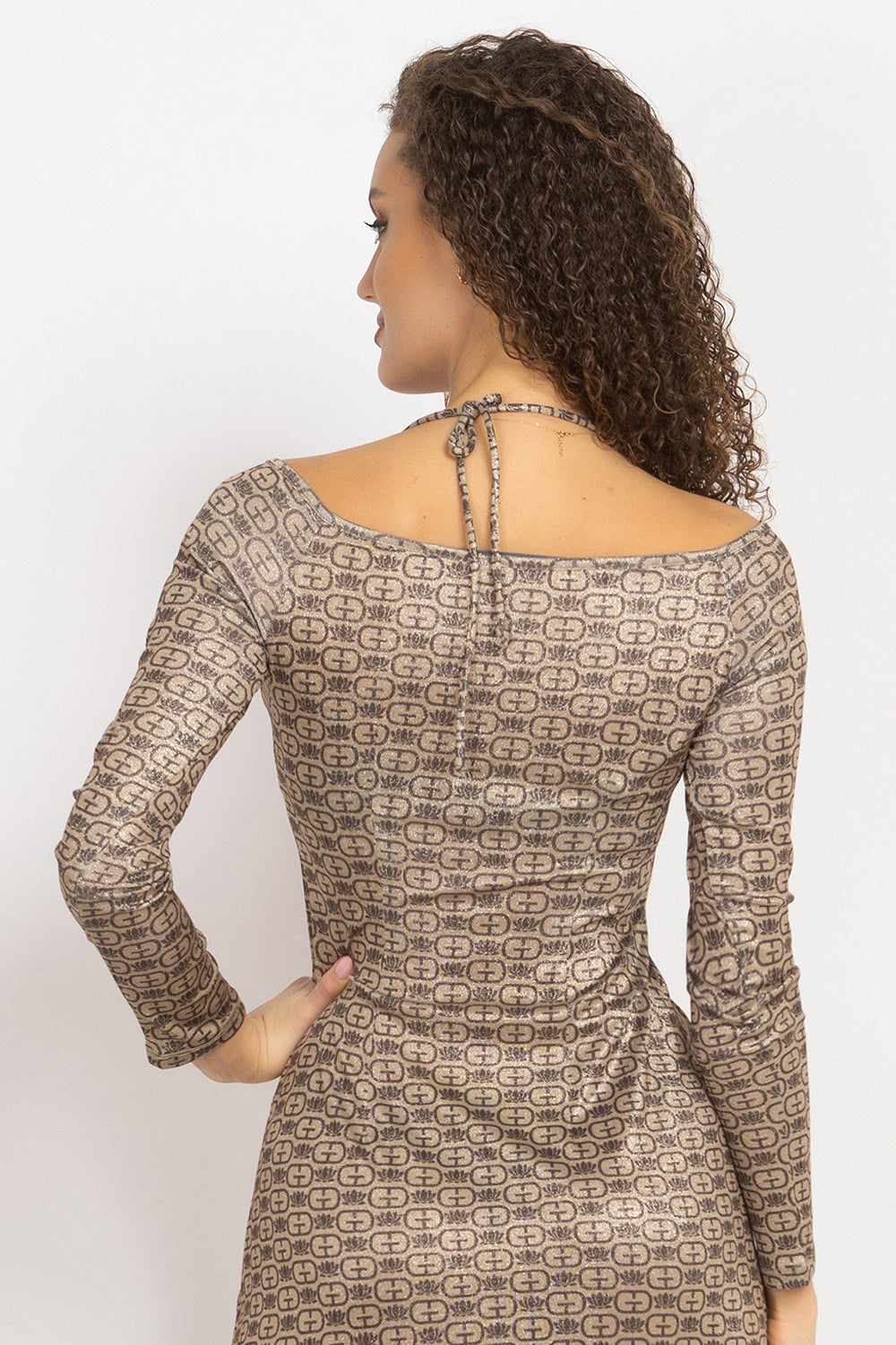 ASYMMETRIC LUREX DRESS WITH KNOT DETAIL AND FRONT DRAWSTRING - DARK BROWN LOGO