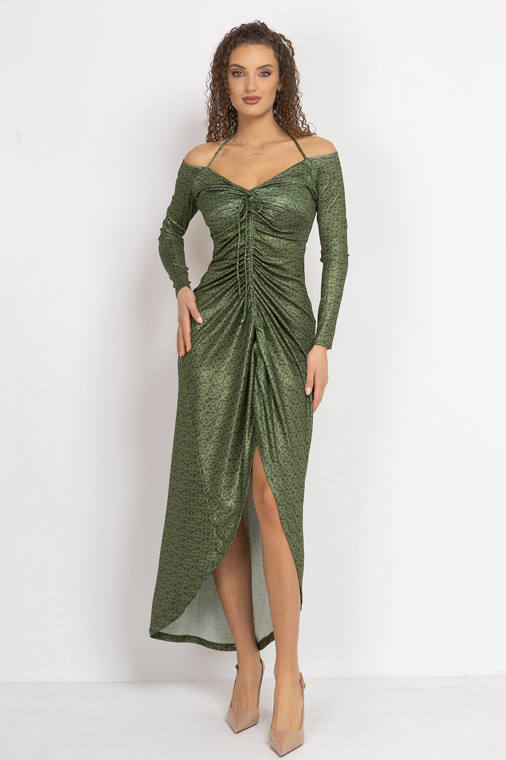 ASYMMETRIC LUREX DRESS WITH KNOT DETAIL AND FRONT DRAWSTRING - EMERALD GREEN LOGO