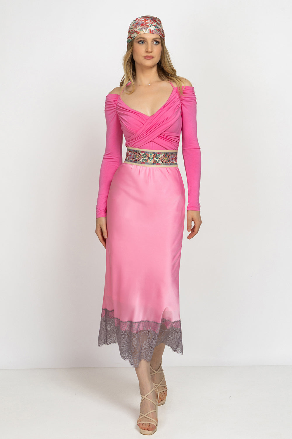 PINK VISCOSE STRETCH WRAP BLOUSE WITH GATHERS - ESSENTIALS