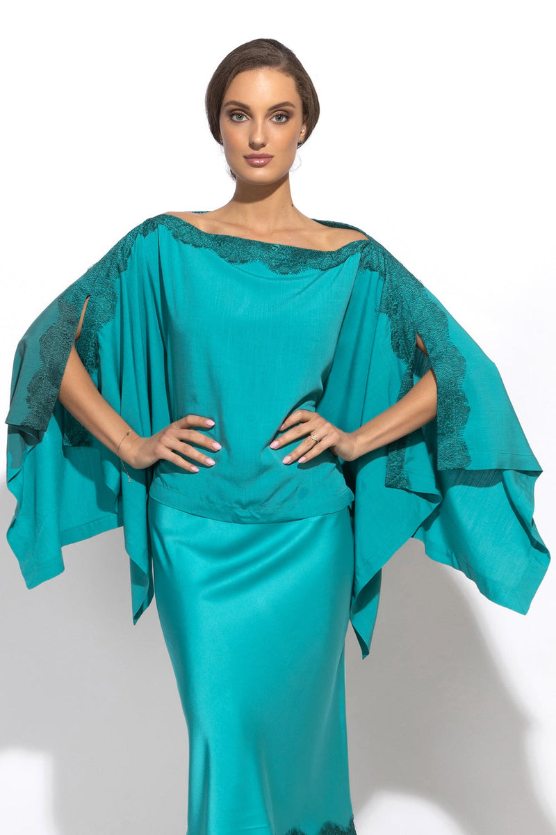 RELAXED VISCOSE TUNIC WITH SIDE SLITS AND LACE IN TURQUOISE - ESSENTIALS JIORO ТУНИКА С ЦЕПКИ И ДЕКОРАЦИЯ ОТ ДАНТЕЛА В ЦВЯТ ТЮРКОАЗ - ESSENTIALS JIORO