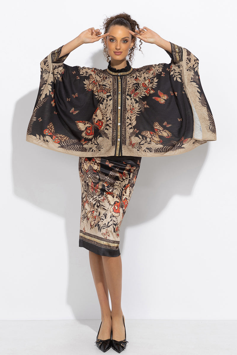 SQUARE TUNIC WITH RUFFLED COLLAR - MIDNIGHT BUTTERFLIES JIORO ПРАВОЪГЪЛНА ТУНИКА С ЯКА С НАБОРИ - MIDNIGHT BUTTERFLIES JIORO