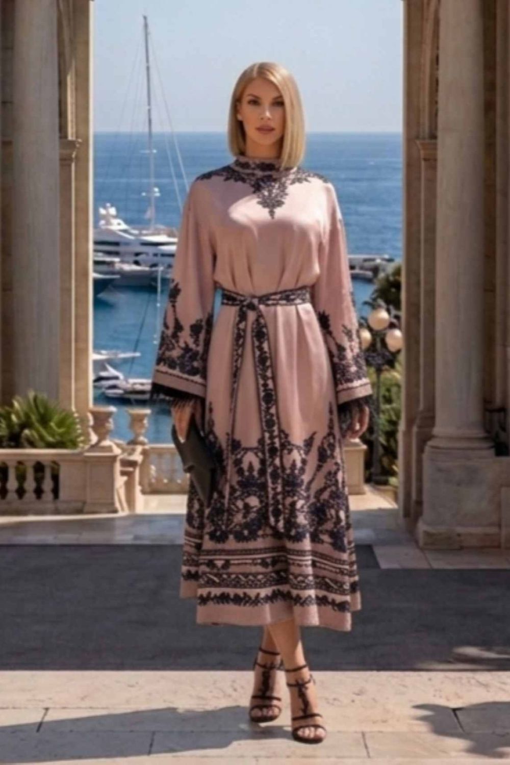 VISCOSE SATIN CAFTAN WITH FEATHERS - GRAFFITI POWDER