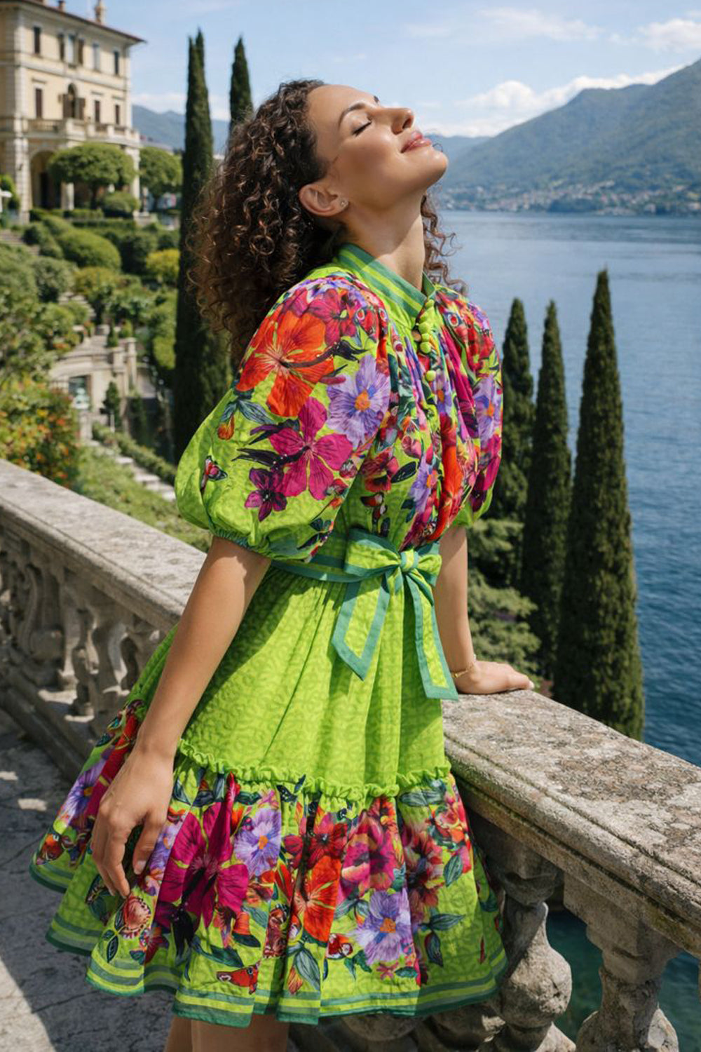 CHIFFON DRESS WITH PUFF SLEEVE - ACID GREEN LOGO