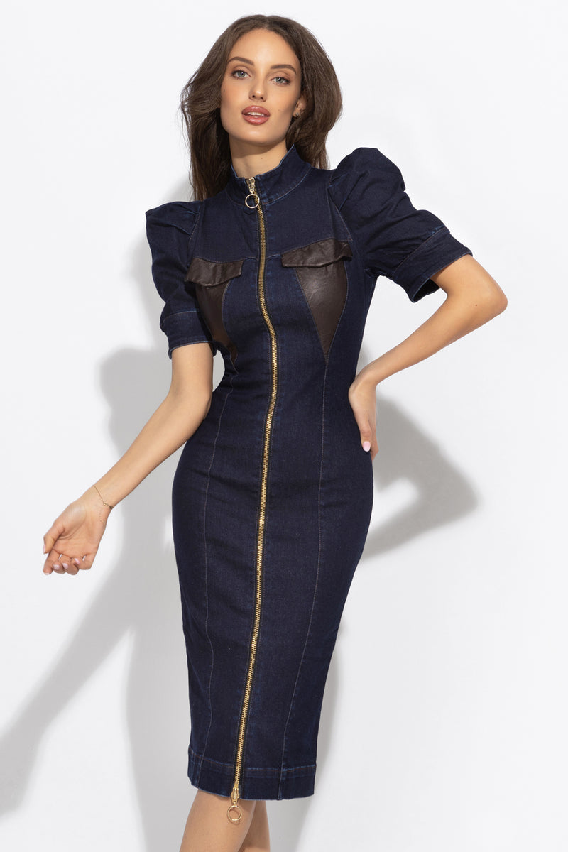 BUFFER SLEEVE DRESS IN DENIM - ESSENTIALS JIORO РОКЛЯ С БУФАН РЪКАВ В ТЪМЕН ДЕНИМ - ESSENTIALS JIORO