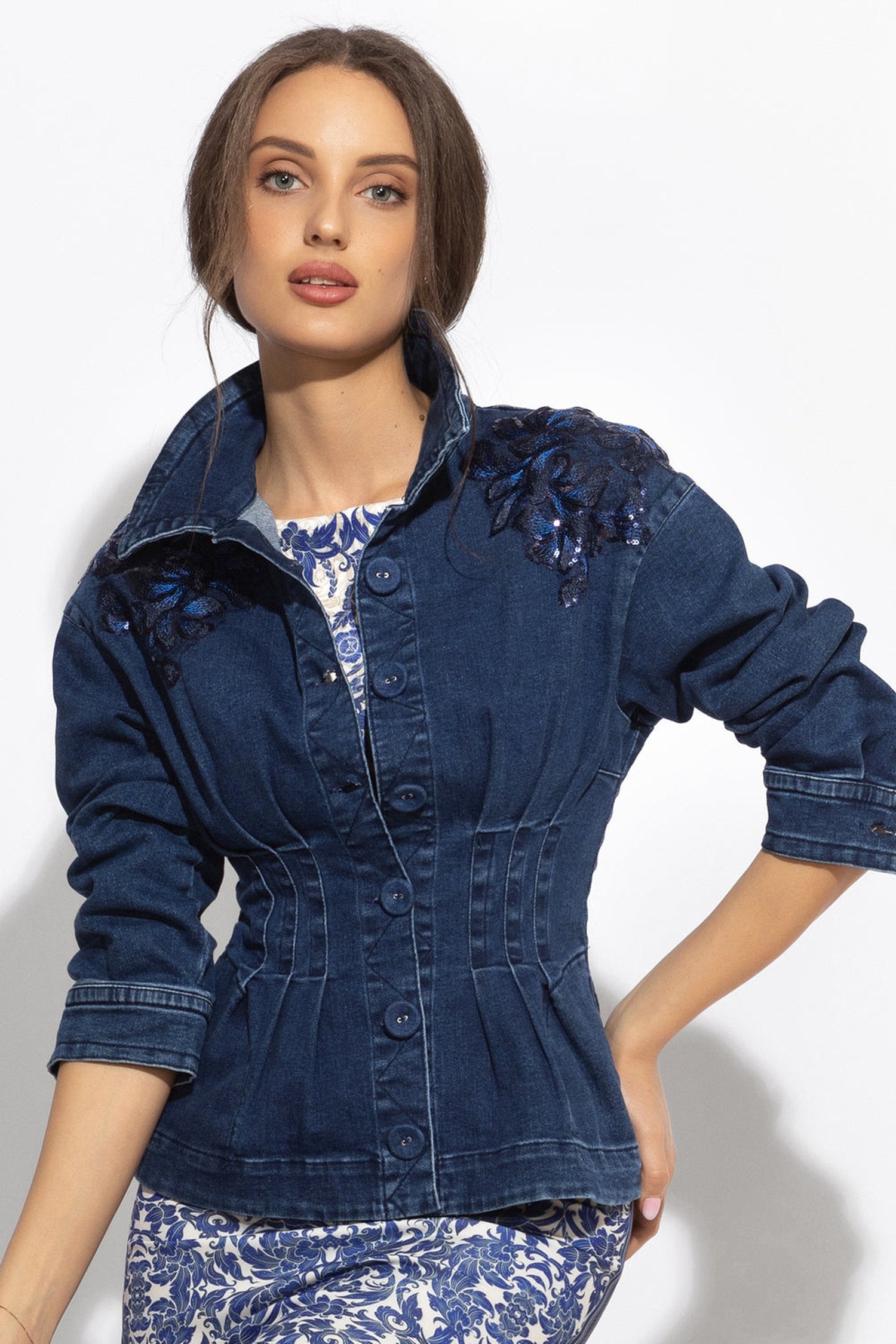 Blazer en denim avec applications en dentelle - Essentiels