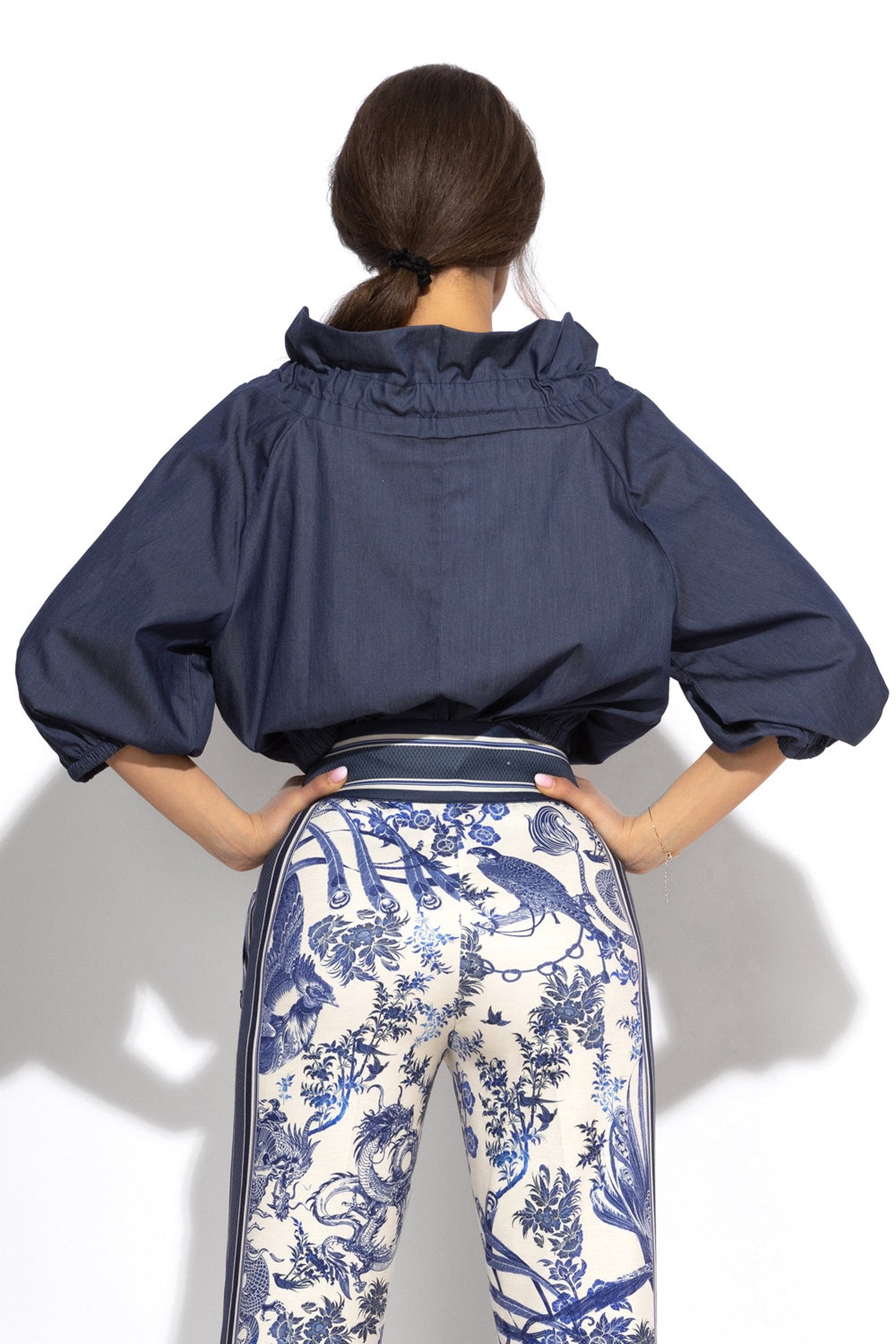 RUFFLED HIGH-NECK BLOUSE WITH PUFF SLEEVES - ASIA SKY