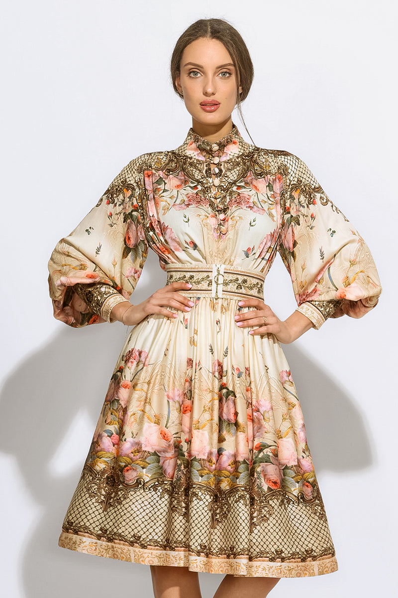 BOHO LONG-SLEEVE VISCOSE DRESS - BAROQUE FLOWERS