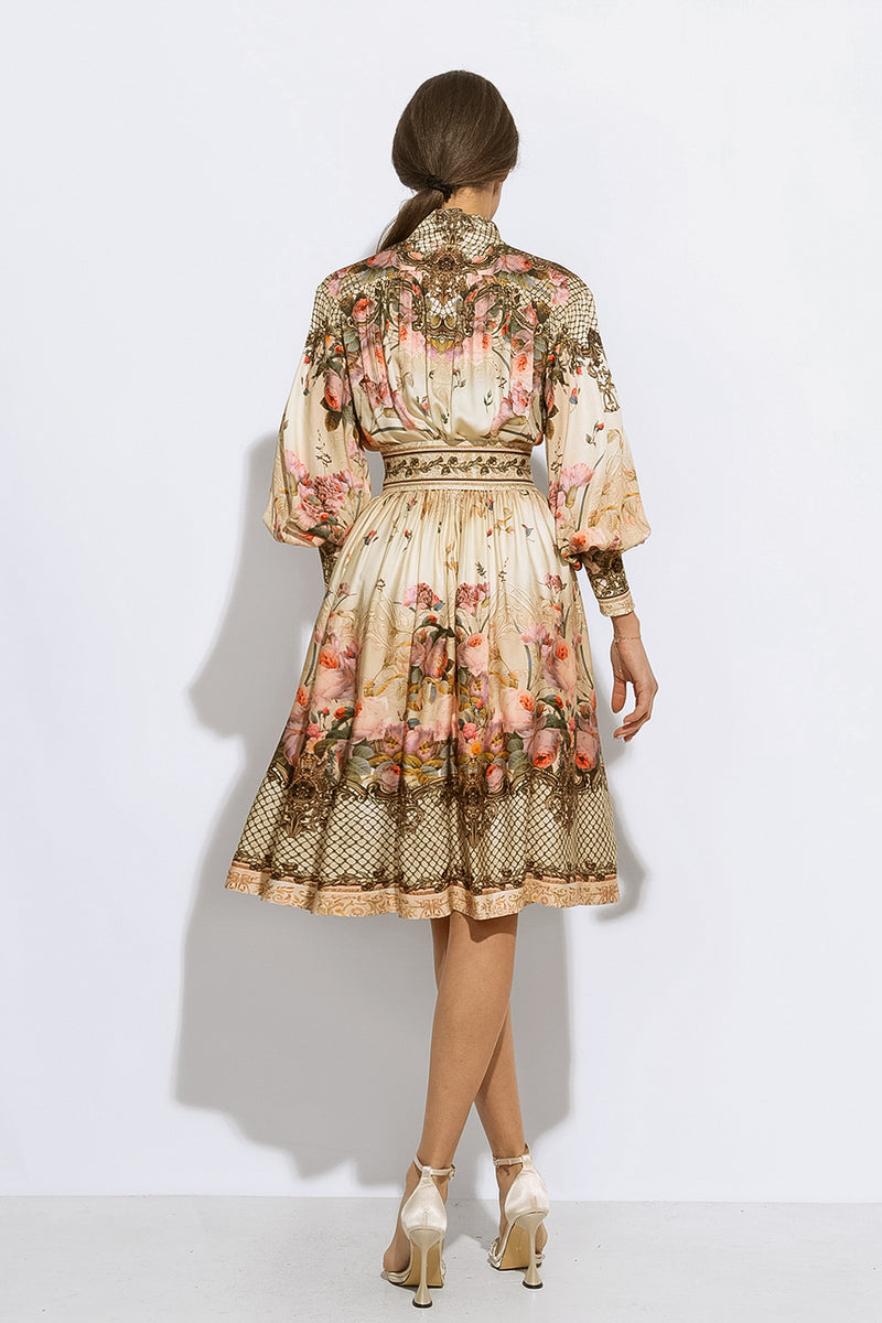 BOHO LONG-SLEEVE VISCOSE DRESS - BAROQUE FLOWERS