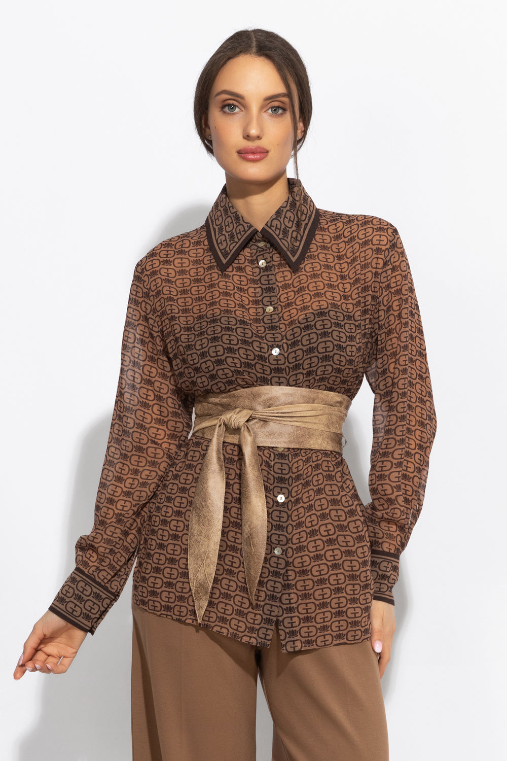 LONG SLEEVE PRINT SHIRT-DARK BROWN LOGO