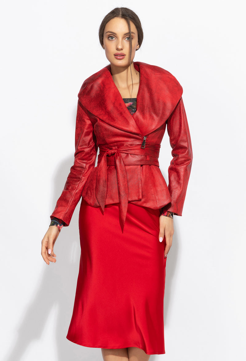 SUEDE-LOOK BLAZER WITH ASYMMETRICAL CLOSURE IN RED - ESSENTIALS JIORO БЛЕЙЗЕР С ШАЛ ЯКА ОТ ВЕЛУР В ЧЕРВЕНО - ESSENTIALS JIORO