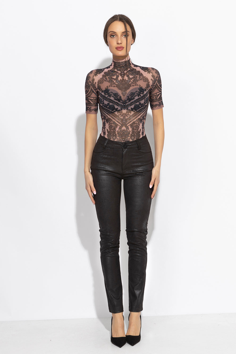 LINED SHORT SLEEVE MESH BODYSUIT - GRAFFITI POWDER