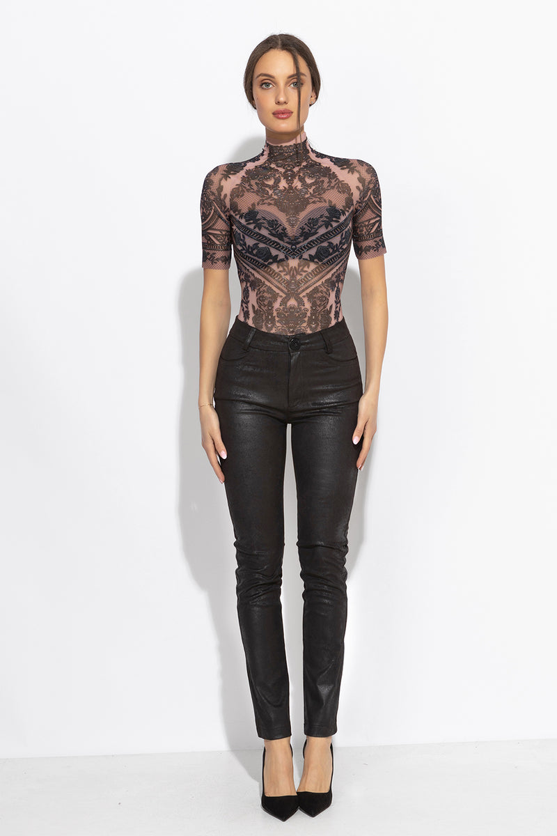 LINED SHORT SLEEVE MESH BODYSUIT - GRAFFITI POWDER