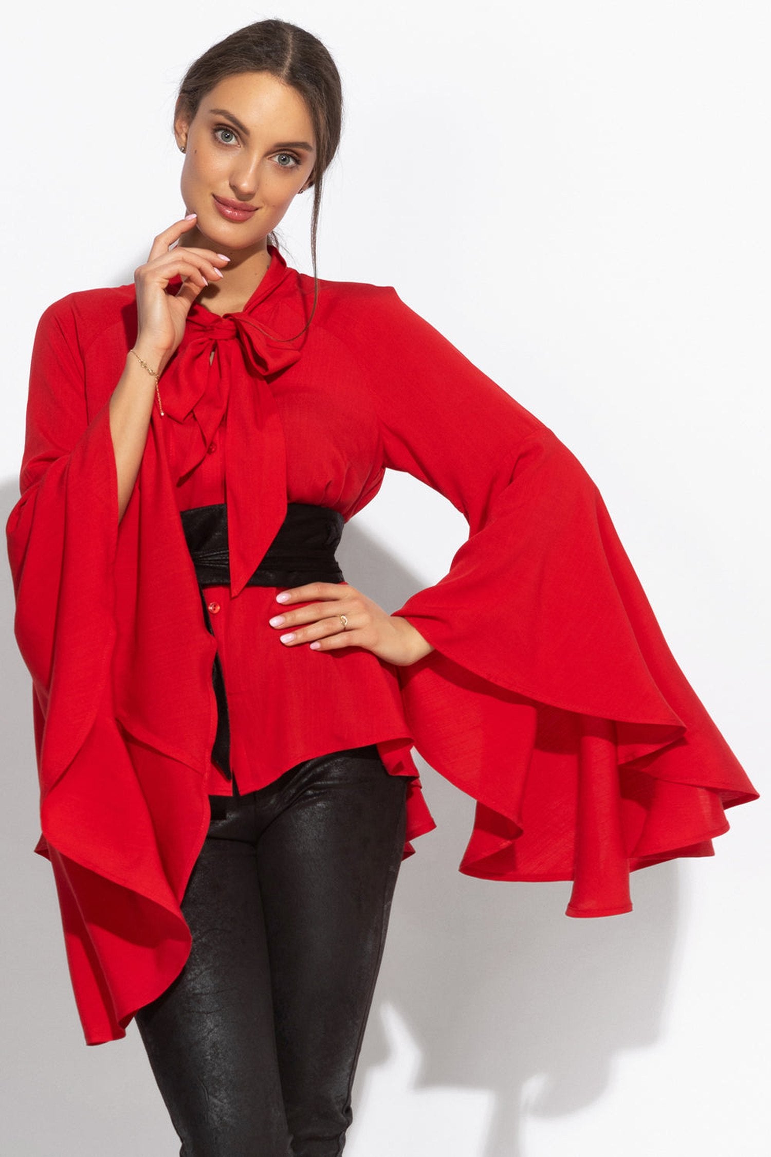 RED VISCOSE BLOUSE WITH FLARED SLEEVES - ESSENTIALS