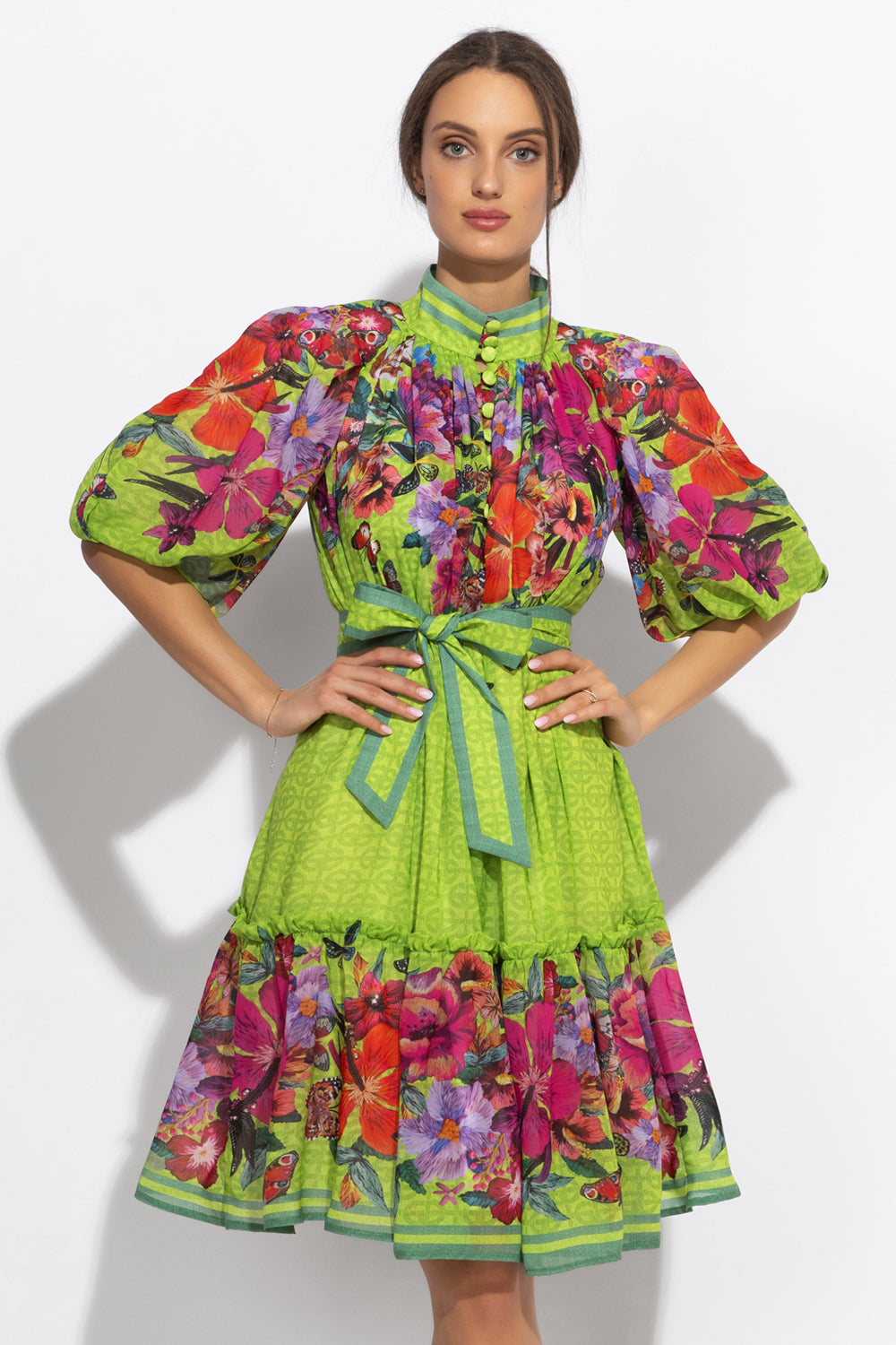 CHIFFON DRESS WITH PUFF SLEEVE - ACID GREEN LOGO