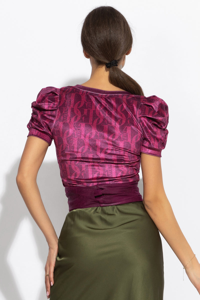 Blouse avec manches bouffantes et encolure en V - logo bordeaux
