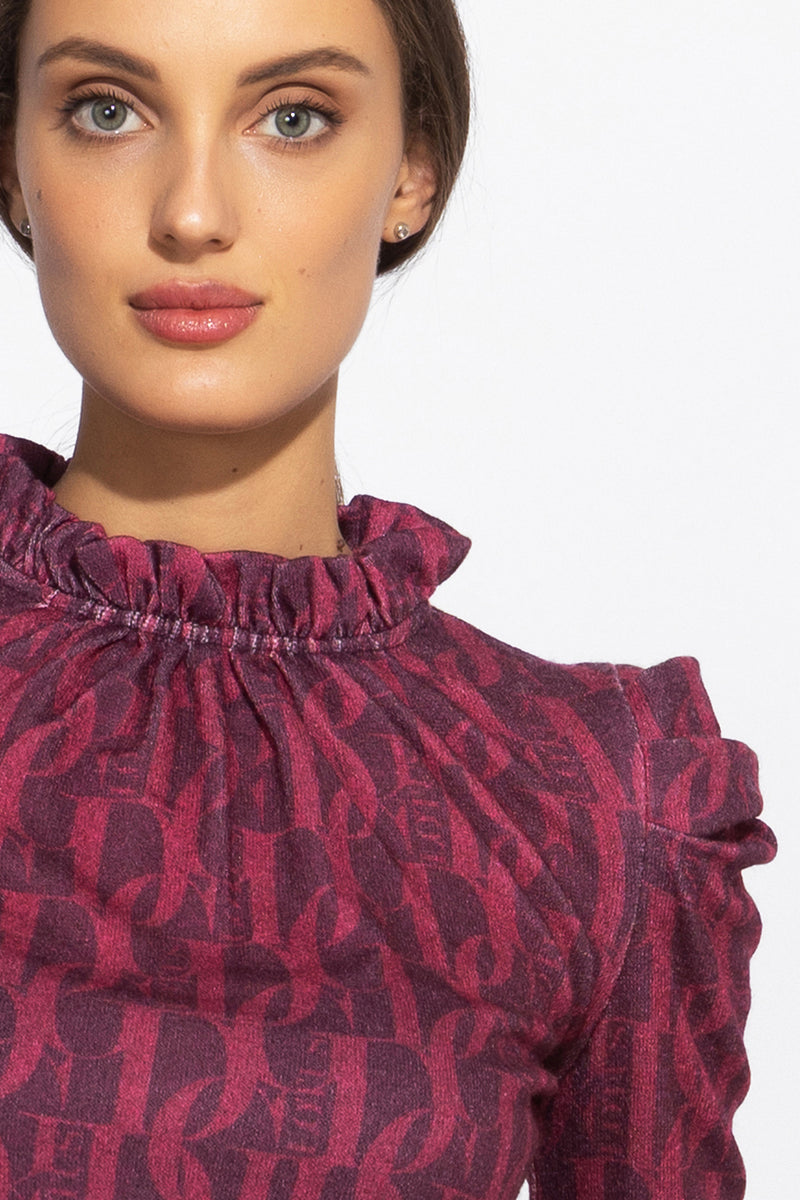 CAMICIA CON SCOLLO ARRICCIATO E STAMPA LOGO - LOGO COLOR BORGOGNA