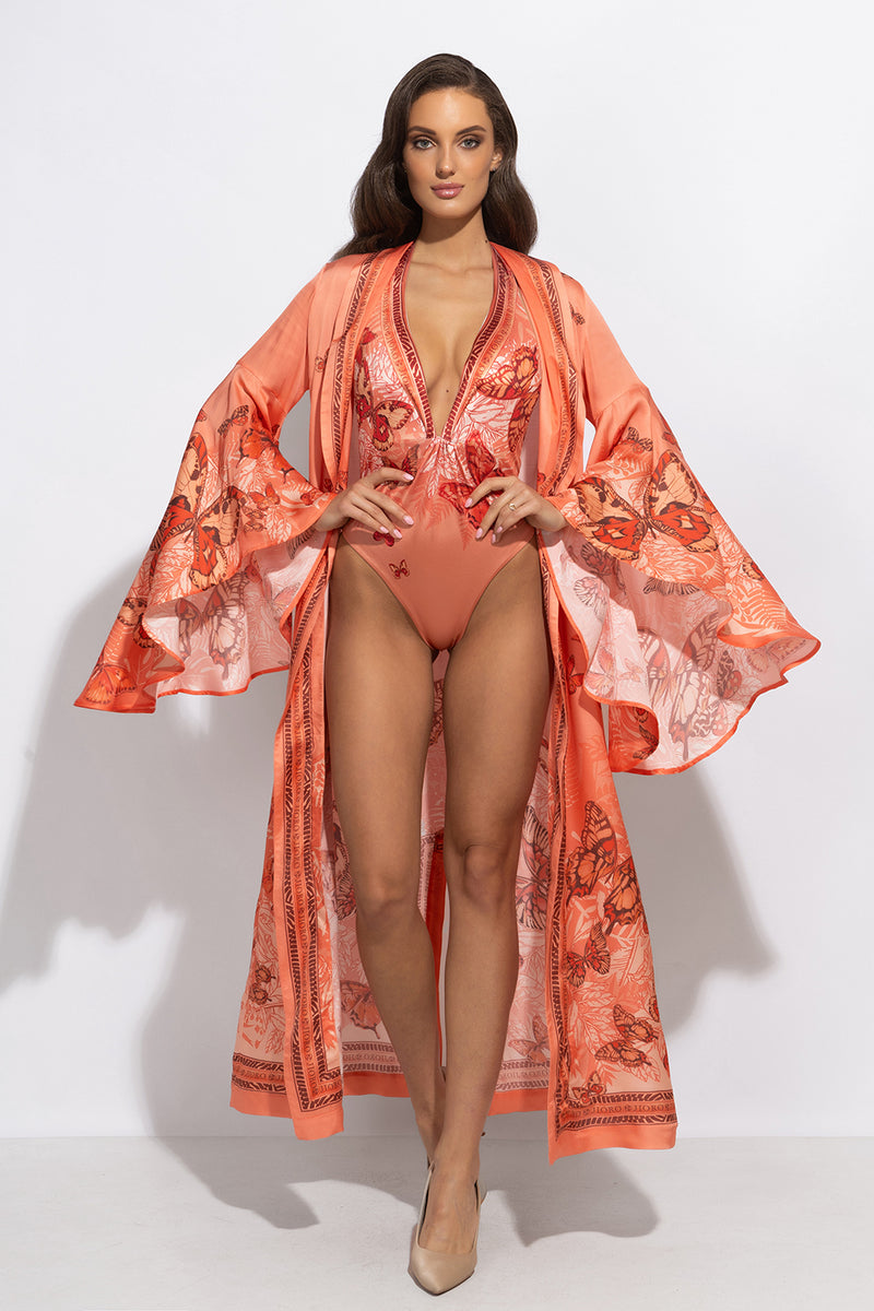 VISCOSE KIMONO WITH DRAPED BACK AND SHAWL COLLAR - PAPAYA BUTTERFLIES