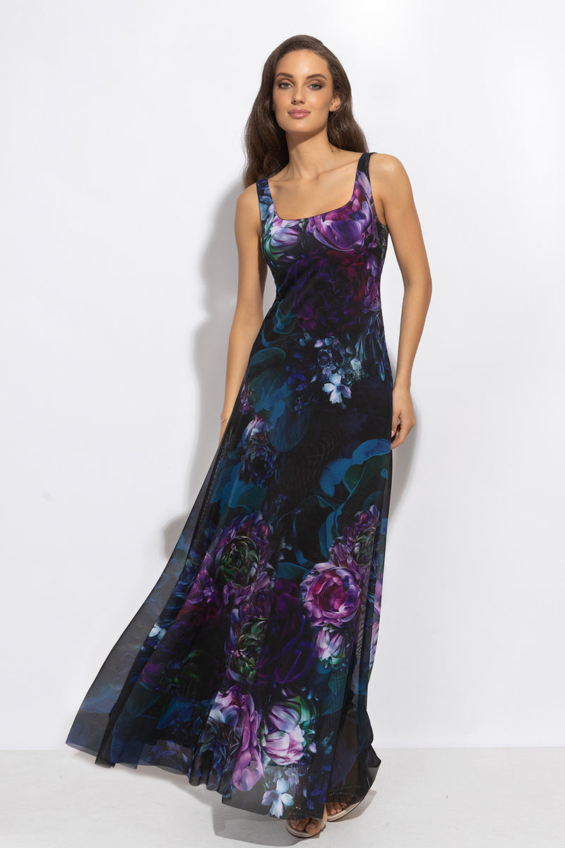 SLEEVELESS LONG MESH DRESS WITH SOFT MODAL LINING - PEONIES