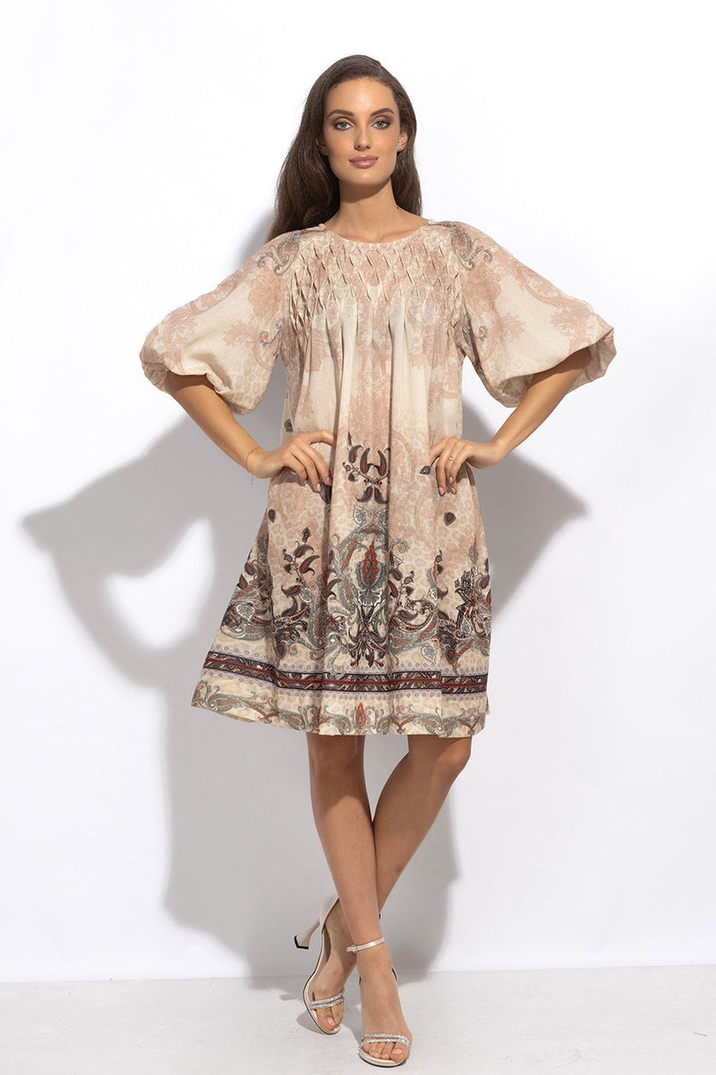 LINEN-LIKE BOHO DRESS – PAISLEY BEIGE JIORO РОКЛЯ С РОЗЕТКА ОТ ЛЕН ВИСКОЗА - PAISLEY BEIGE JIORO