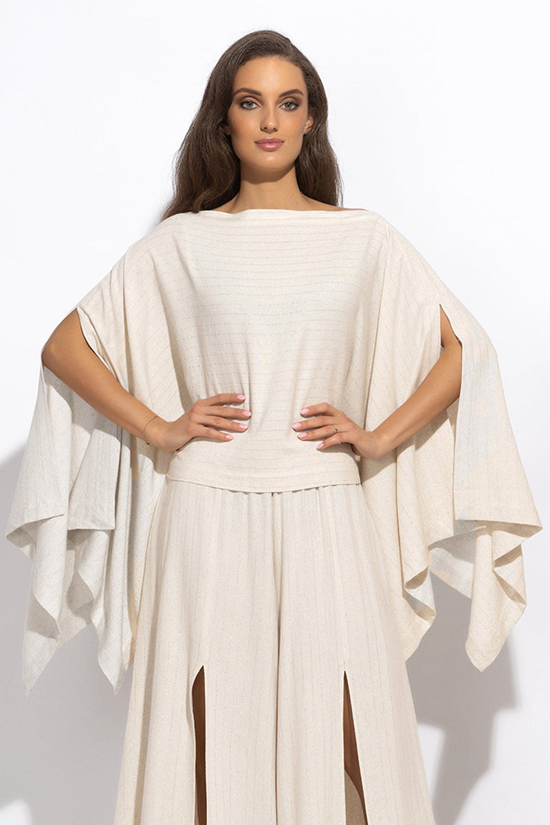 RELAXED VISCOSE-LINEN TUNIC WITH SIDE SLITS IN ECRU STRIPED - ESSENTIALS JIORO СВОБОДНА ТУНИКА В ЕКРЮ РАЙЕ ОТ ВИСКОЗА И ЛЕН СЪС СТРАНИЧНИ ЦЕПКИ - ESSENTIALS JIORO