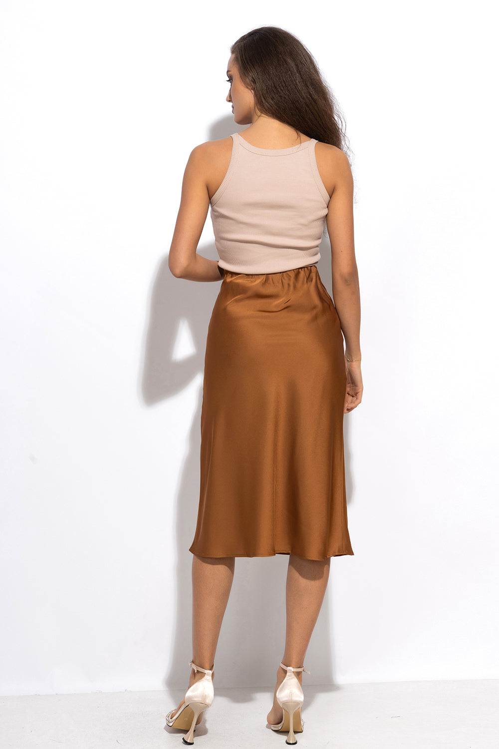 BIAS-CUT SATIN SKIRT WITH ELASTIC WAISTBAND IN BROWN - ESSENTIALS