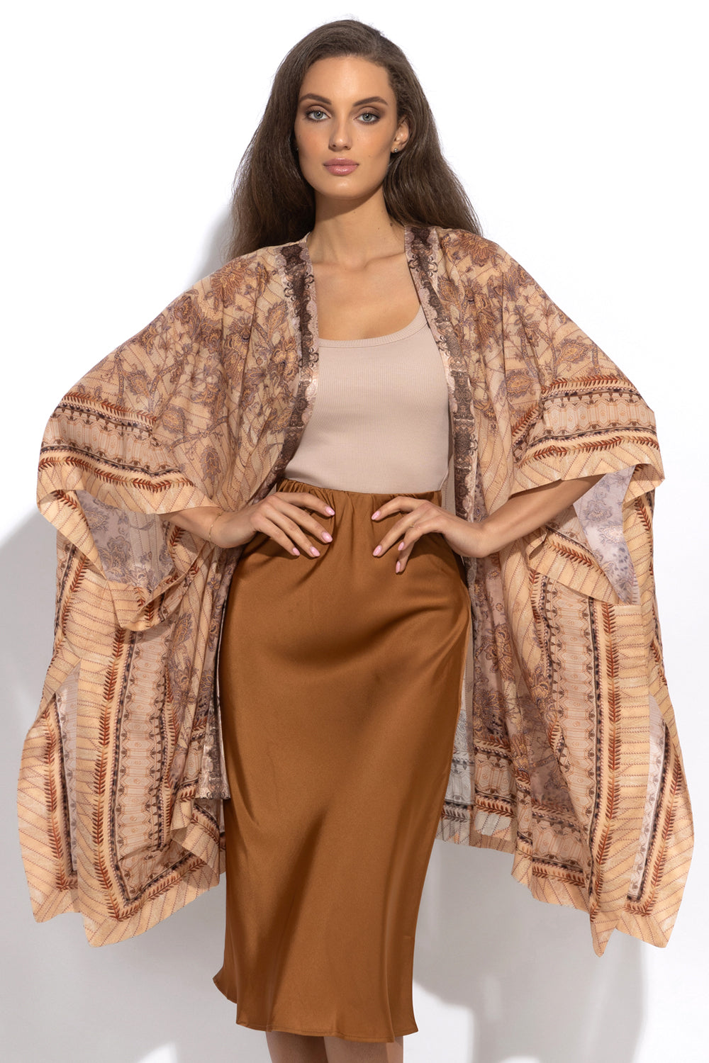 VESTITO KIMONO IN COTONE SETA - LEO BEIGE