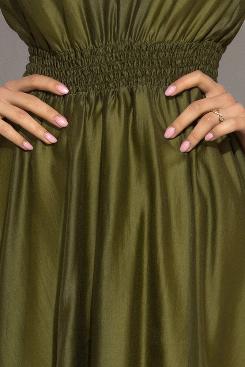 SHORT TENCEL DRESS WITH WIDE SLEEVES IN OLIVE GREEN - ESSENTIALS