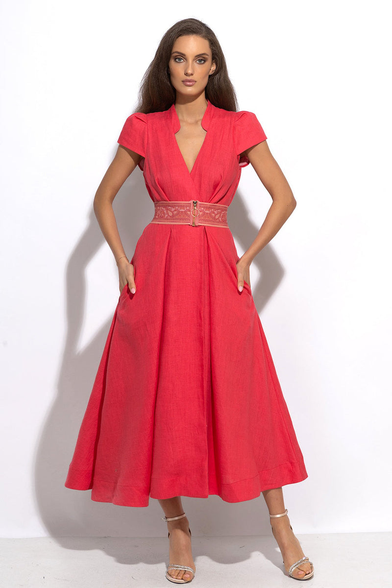 LONG FLARED LINEN DRESS IN FUCHSIA - ESSENTIALS JIORO ДЪЛГА РАЗКРОЕНА РОКЛЯ ОТ ЛЕН В ЦВЯТ ФУКСИЯ – ESSENTIALS JIORO