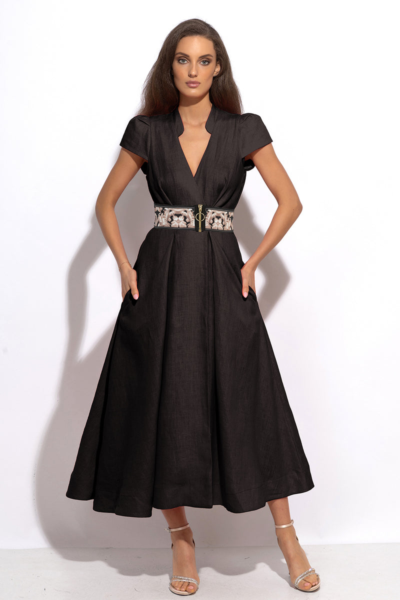 LONG FLARED LINEN DRESS IN BLACK - ESSENTIALS