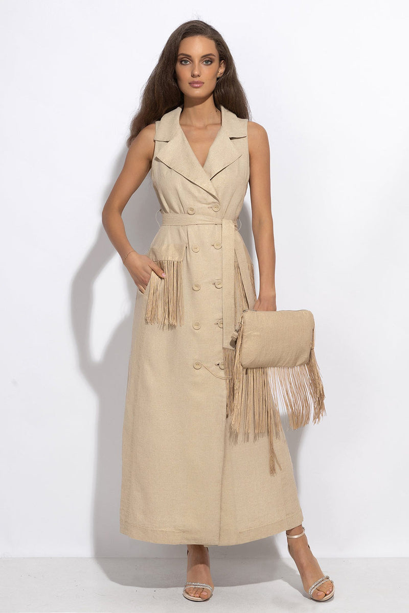 LINEN SLEEVELESS TRENCH MIDI DRESS WITH FRINGES - ESSENTIALS JIORO ДЪЛГА РОКЛЯ ОТ ЗЛАТИСТ ЛЕН С РЕСНИ - ESSENTIALS JIORO