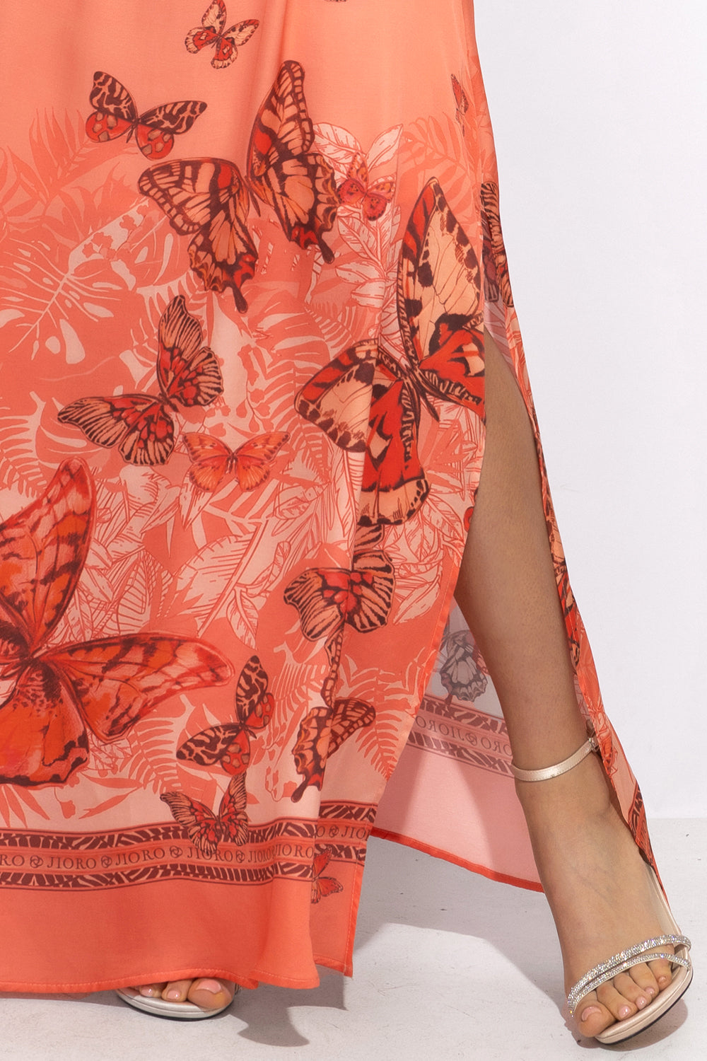 VISCOSE SLIP DRESS WITH OPEN BACK AND THIN STRAPS - PAPAYA BUTTERFLIES