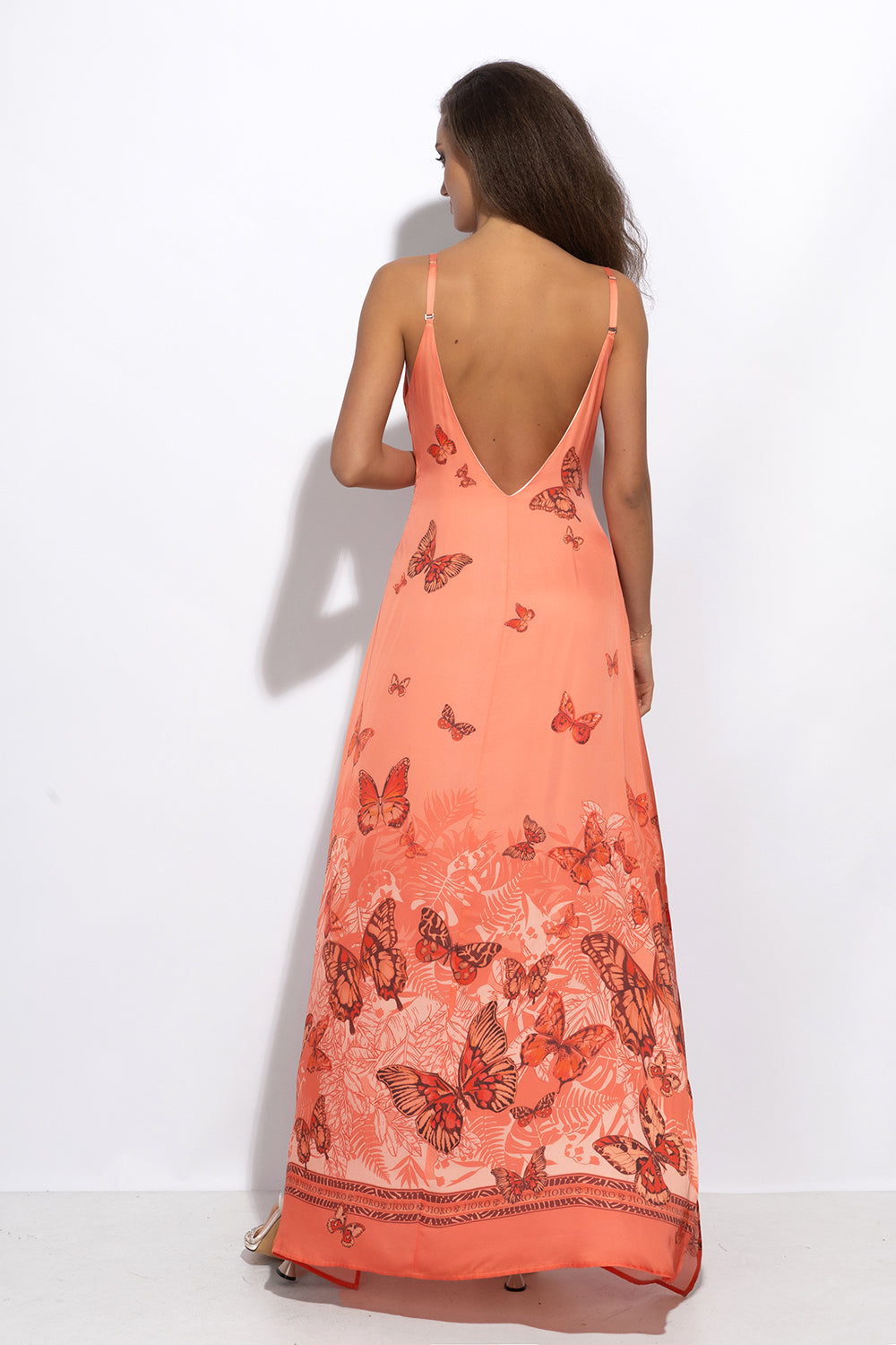 VISCOSE SLIP DRESS WITH OPEN BACK AND THIN STRAPS - PAPAYA BUTTERFLIES