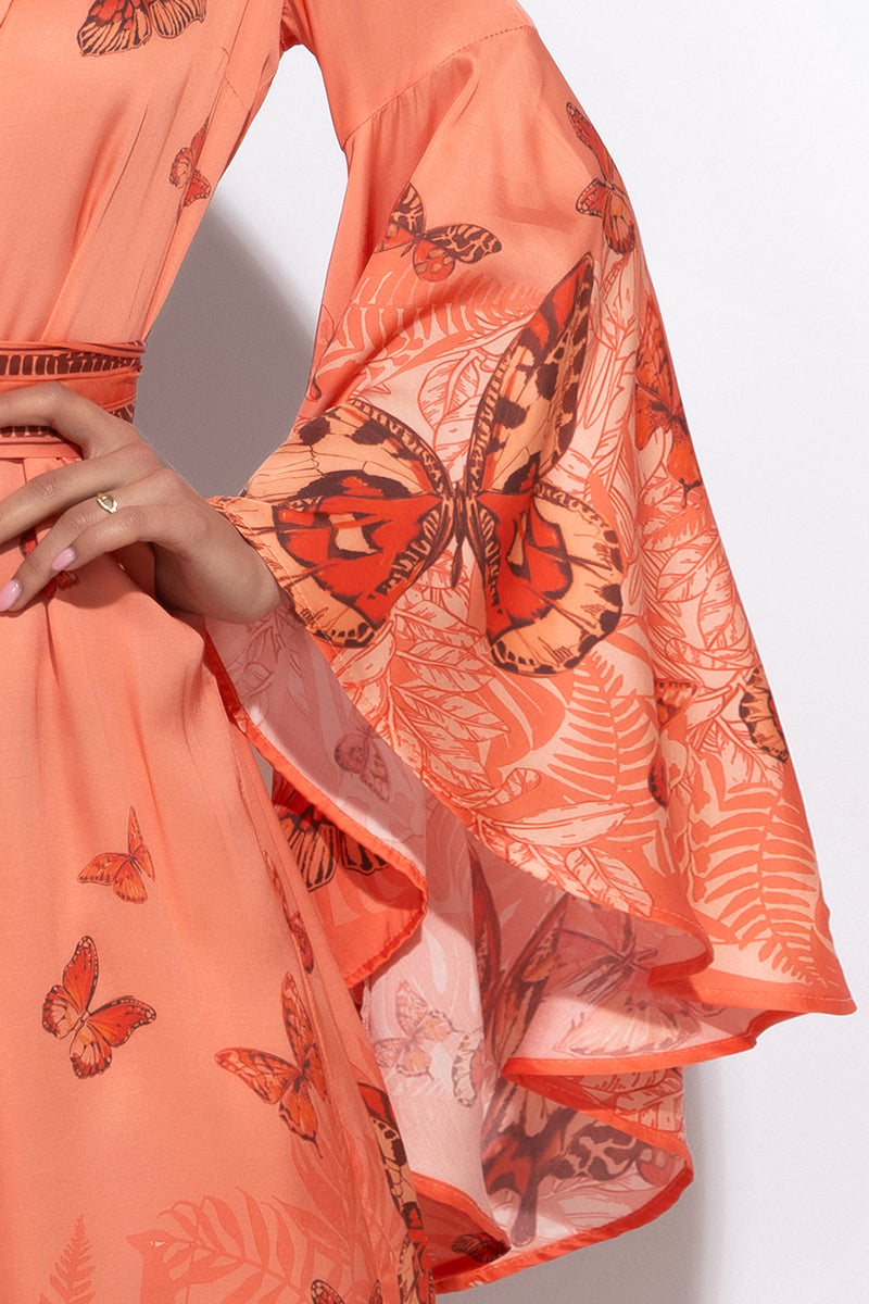 VISCOSE KIMONO WITH DRAPED BACK AND SHAWL COLLAR - PAPAYA BUTTERFLIES