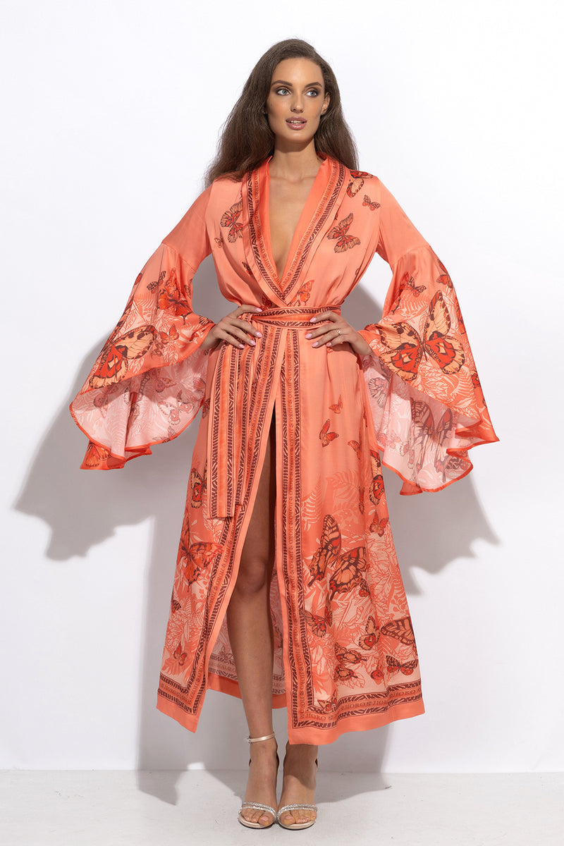 VISCOSE KIMONO WITH DRAPED BACK AND SHAWL COLLAR - PAPAYA BUTTERFLIES