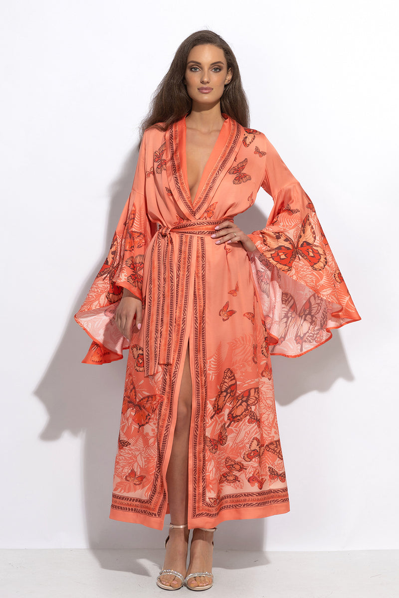 VISCOSE KIMONO WITH DRAPED BACK AND SHAWL COLLAR - PAPAYA BUTTERFLIES